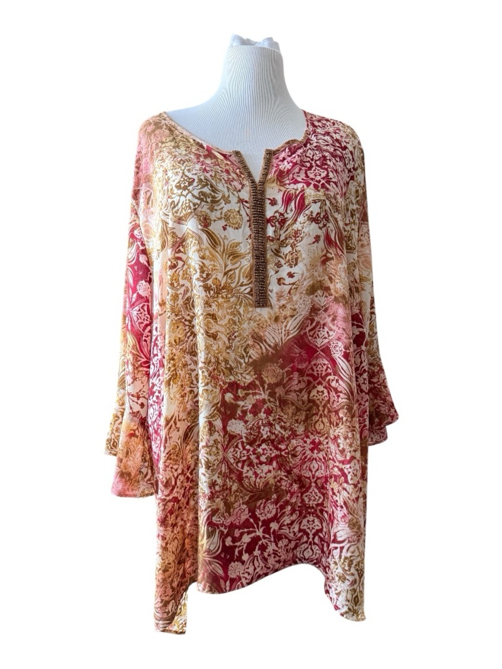 Catherines Pink and Gold Paisley Split-Neck Tunic - Size 4X